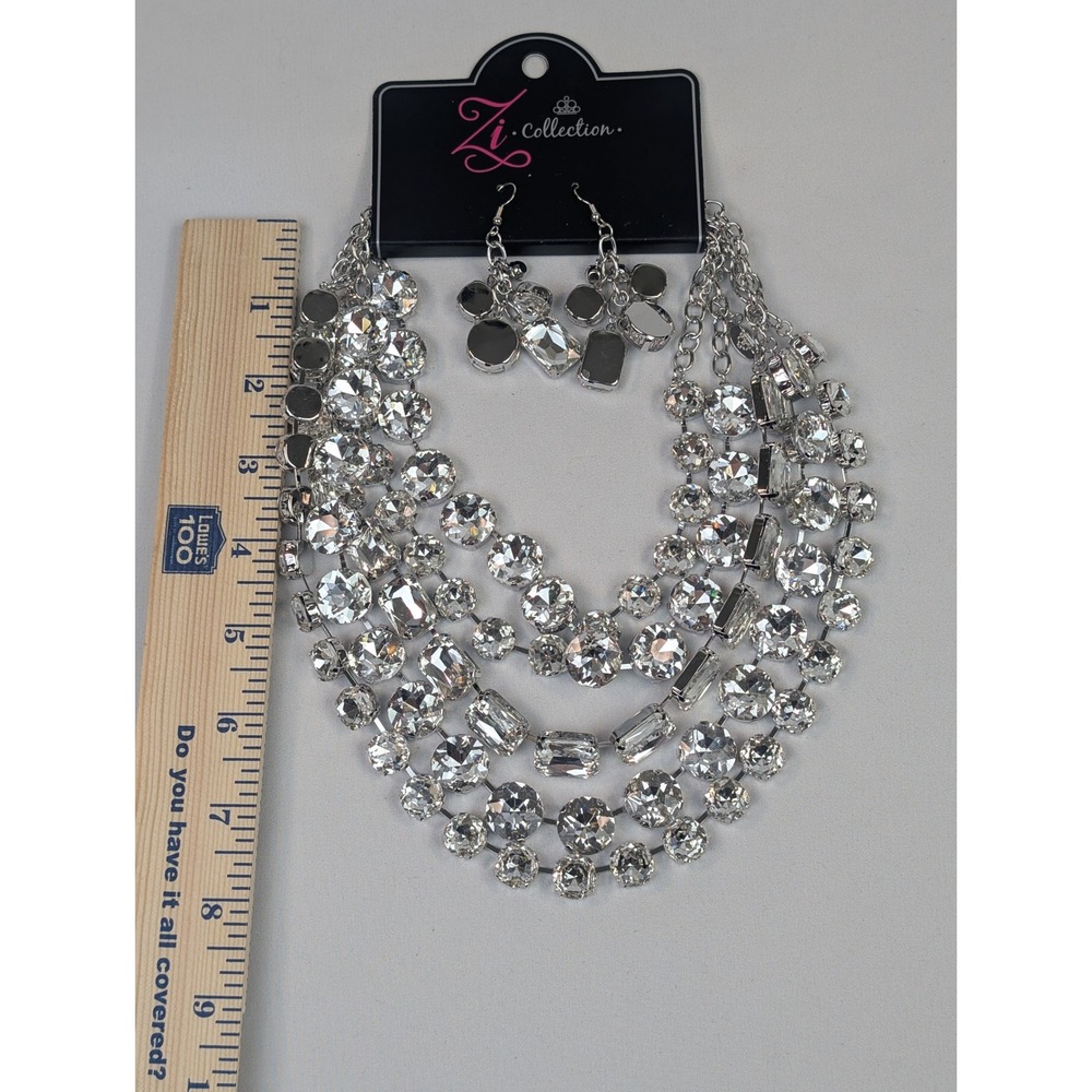 Paparazzi Zi Collection The Exceptional Silver Rhinestone Necklace Earring Set